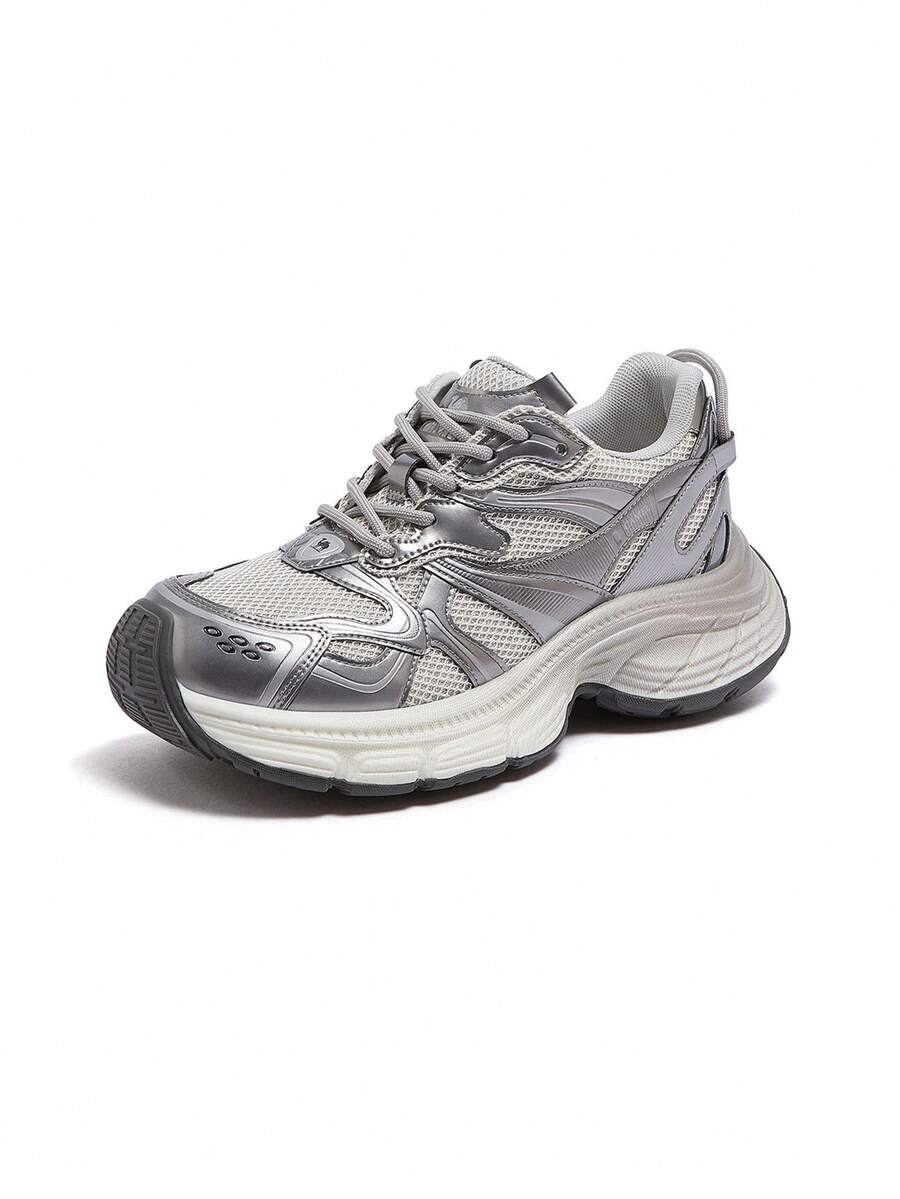 CAMEL CROWN Women's Outdoor Casual Shoes, Increased Height Retro Hundred Thick Bottomed Old Chunky Sneakers Silver Casual Sneakers - Silver - View 1