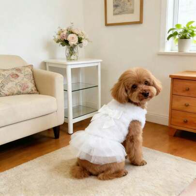 1件可爱时尚蝴蝶结网纱公主裙宠物狗衣服，适合猫、博美犬、比熊犬、小型犬，适合狗狗生日派对、秋冬季穿着。