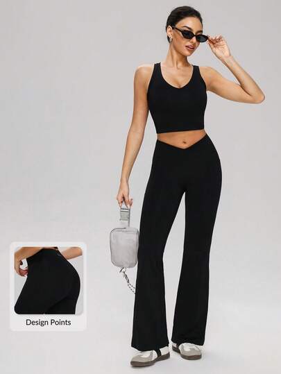 MASKERT طقم ملابس رياضية للنساء مكون من: ملابس علوية كروب قصير + بنطلون واسع مع خصر متقاطع، مناسب للرياضات اليوغا والتمارين الرياضية والارتداء اليومي والجري والتنس والريشة الطائرة وغيرها.