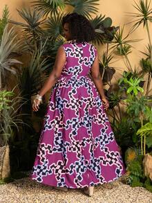 Faeriesty Plus Size Women Jacquard Sleeveless Stand Collar A-Line Maxi Dress, Loose And Slimming - Hot Pink - View 2