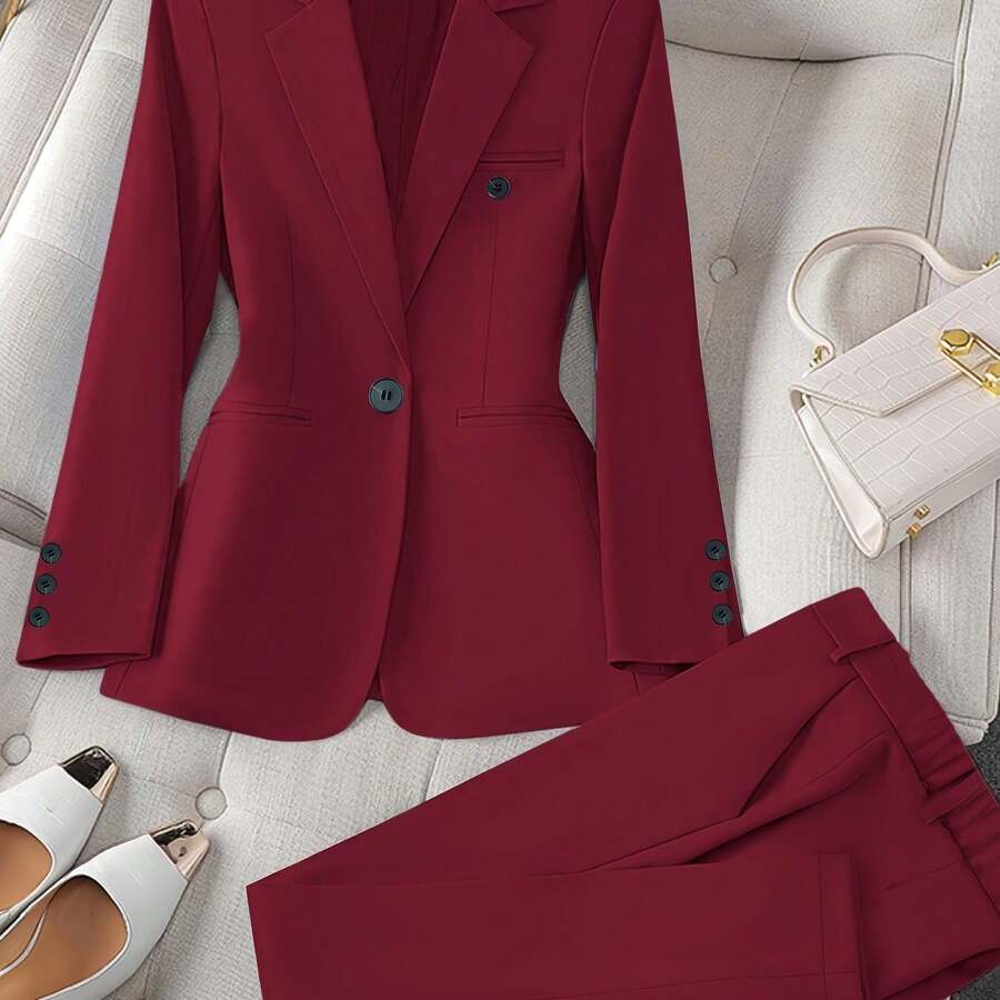 New Women'S Casual Two-Piece Set Featuring A Stylish Business Look With A Solid Color Long-Sleeve Blazer And Matching Trousers - Claret - View 1