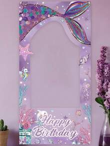1pc Mermaid Photo Frame Birthday Backdrop, Cartoon Purple Mermaid Tail Ocean Birthday Hollow Banner, Suitable For Birthday Theme Party Decoration, Photography Props - Multicolor - View 23