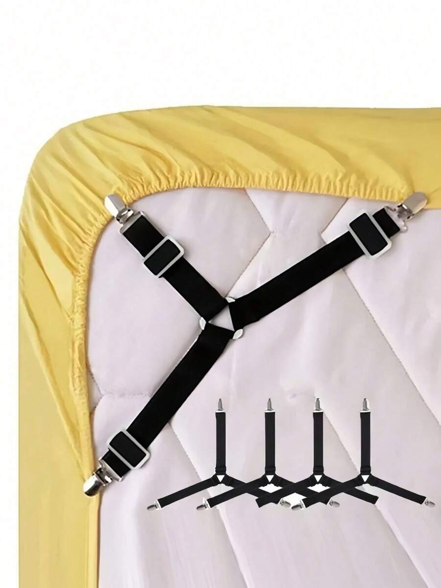 4pcs Triangle Bed Sheet Clips, Minimalist Multi-Functional Bedroom Bed Sheet Fasteners, Adjustable Metal Clips With Elastic Bands To Fix Bedding, Practical Invisible Non-Slip Bed Sheet Straps, Suitable For Sofa Cushions, Blankets, Home Textiles, Household Items, 1 Set