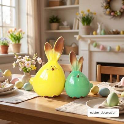 2件套长耳兔雕塑，面部栩栩如生，可摆放在窗台或架子上装饰