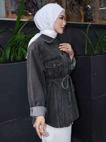 Livesso 女士做旧水洗宽松开衩下摆休闲牛仔裤，秋季服装，长袖牛仔外套 - 深灰色 - 查看 3