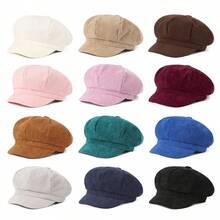 1 Piece Solid Color Corduroy Hat Women's Duckbill Cap Autumn Winter Versatile Artistic Painter Hat British Retro Octagonal Hat Women's Beret Suitable For Shopping And Travel - màu xanh lá - Xem 2