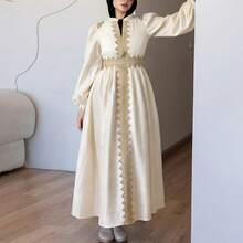 DAZY Women's Elegant Stand Collar Puff Sleeve Contrast Color Lace Patchwork Dress, Spring/Summer - Beige - View 7
