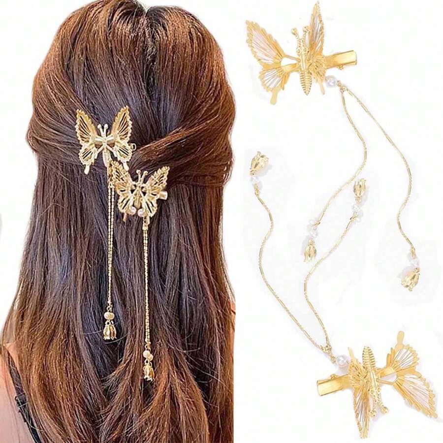 Fluttering Butterfly Hair Clip With Gold Tassel - Handmade Vintage Style Hairpin, Lightweight Photo & Festival Hair Accessory For Women - 黃 - 查看 1