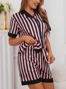 Women's Pajama Set, Collared Striped Short Sleeve Top And Shorts, Casual & Romantic Summer Sleepwear - Multicolor - View 5