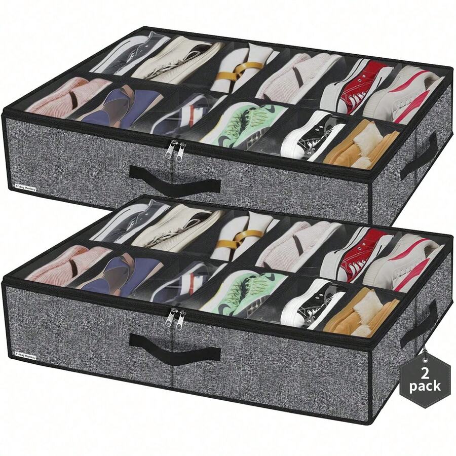 2 Pack Sturdy Under Bed Shoe Storage Organizers, Fit Total 24 Pairs, Large Underbed Closet Shoes Box Container Bag With Clear Cover, Breathable, 29.3x23.6x5.9 Inches(Except For Men's Sports Shoes) - Màu xám đen - Xem 1