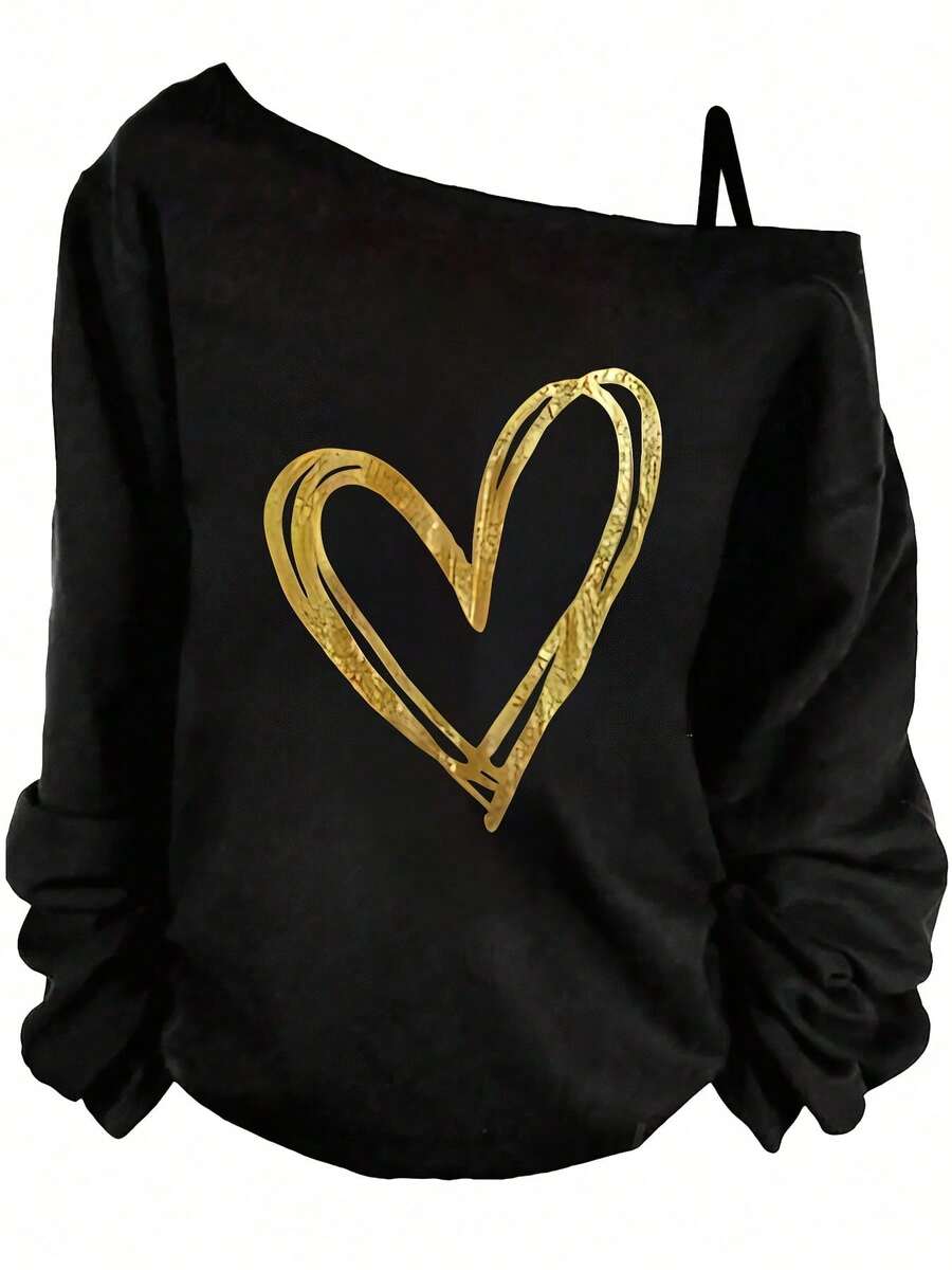 St Patricks Day Women, Gold Heart Graphic Off The Shoulder Sweatshirt, Casual Style With Long Gathered Sleeves, Perfect For Date Night And Spring Outfits-Vacation Outfits Women, Beachwear, Resort Wear, Summer TopsRelaxed Fit-Vacation Outfits Women, Beachwear, Resort Wear, Summer Tops - 黑色 - 查看 1