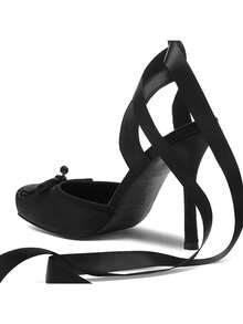 Ballet High Heels For Women Square Toe Satin Mary Janes Lace Up Heels Elegant Ballerina Stiletto Heels With Bow Party Dancing Shoes For Women - màu đen - Xem 7