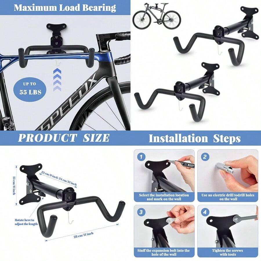 Bike Wall Mount 2 Pcs Horizontal Bike Rack Adjustable Heavy Duty Bike Hook For Garage Indoor Bike Storage - Black - View 1