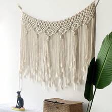 1 pieza Colgante de pared de macramé, tapiz de arte de fibra de estilo bohemio, decoración de pared con flecos, tejido a mano para sala de estar, dormitorio, cabecera - Blanco - Ver 5