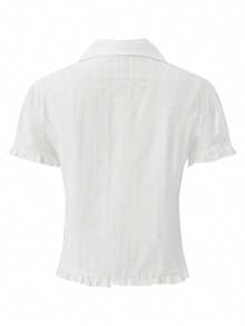 Womens Button Down Shirt - Slim Fit Ruffled Trim V Neck Short Sleeve Blouse For Summer Casual - 白色 - 查看 7