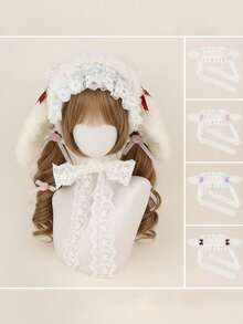 复活节兔子垂耳柔软毛绒小狗耳朵头带，带蕾丝蝴蝶结的多功能发饰，洛丽塔风格万圣节 - A - 查看 12