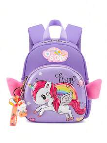 1pc Cute Cartoon Backpack For Elementary And Middle School Girls, Lightweight Little Horse Pattern Design, Reduces Burden, With Rabbit Pendant, Essential For Back To School Season - Purple - View 4