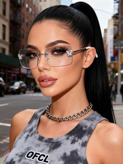 1pc משקפי וינטג' מלבניים ללא מסגרת אופנתיים לנשים, משקפי פרפר ממתכת ללא מסגרת אופנתיים של Y2K