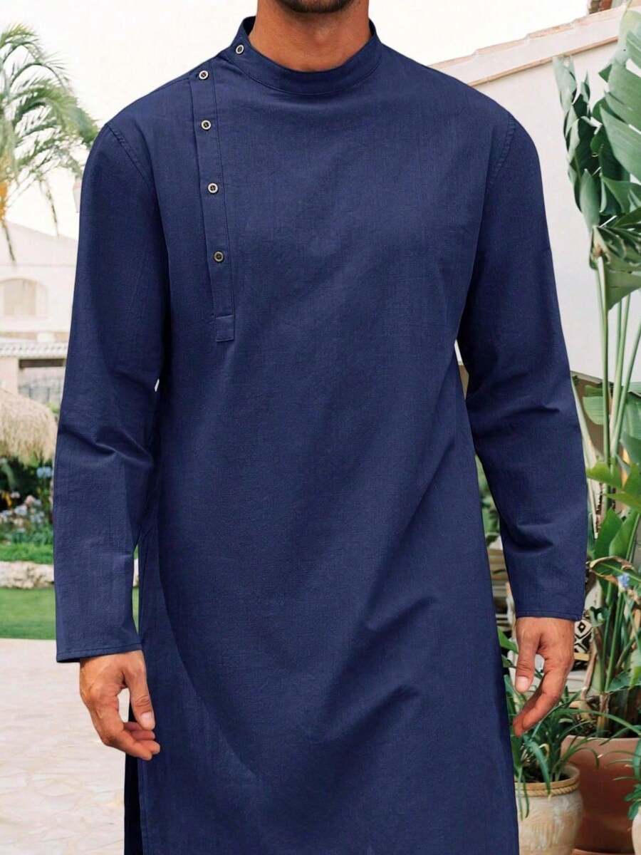Runcati Mens Kaftan Thobe Robe Long Sleeve Cotton Henley Shirt Casual Muslim Gown Salwar Kurta - màu xanh nước biển - Xem 1