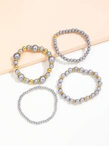 Bộ 4 chiếc vòng tay hạt cườm hình trái tim nhiều lớp hiệu ứng ngọc trai thời trang, phụ kiện trang sức quyến rũ thanh lịch dành cho phụ nữ. - Xám - Xem 4