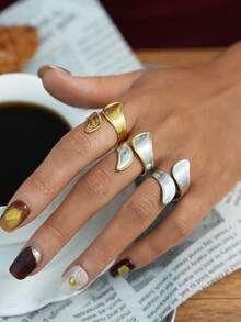 3pcs/1pc Vintage Design Glossy Stripe 18k Gold Plated Stainless Steel Ring Jewelry Set, High Quality Accessories For Women, Stackable Women's Jewelry Gifts Suitable For Special Occasions Such As Date Parties, Anniversaries, Exquisite Women's Jewelry Gifts - Multicolor - View 3