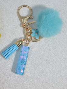 1pc Blue Heart Letter Keychain With Butterfly & Flower Decor, Women Bag Charm, Gift Keyring With Pom Pom Gifts For Mother, Father, Graduation, And Teacher - Baby Blue - View 30