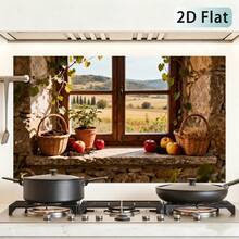 1pc 2D Flat Self-Adhesive Kitchen Wall Sticker | Rustic Stone Wall & Wooden Window & Country Apple Basket Style, Removable Kitchen And Living Room Splashback Wallpaper, Glossy Vinyl, 55 X 100 Cm - Style 1 - View 8