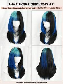 NAMM Tóc giả dài ngang vai 20 inch màu đen ombre xanh dương có mái, tóc giả bồng bềnh highlight xanh dương dành cho nữ sử dụng hàng ngày, dự tiệc, tóc giả tổng hợp chịu nhiệt không cần keo, tóc giả hóa trang lễ hội K-Pop - Màu xanh lam - Xem 6