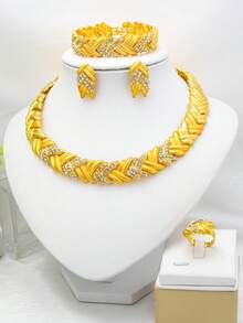 5件套 时尚水晶18K镀金迪拜珠宝套装 项链 耳环 戒指 手链 女士非洲新娘珠宝配饰礼品 - 橘色 - 查看 9