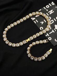 Set de 2 accesorios de hip hop y rap para hombres, con diamante cuadrado, enchapado en oro/plata con rhinestones, collar y pulsera, accesorios para boda, fiesta y uso diario - Conjunto de dos piezas de collar - Ver 1