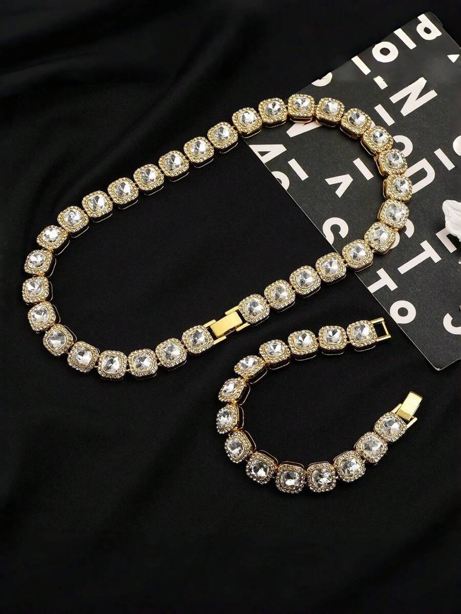 Set de 2 accesorios de hip hop y rap para hombres, con diamante cuadrado, enchapado en oro/plata con rhinestones, collar y pulsera, accesorios para boda, fiesta y uso diario - Conjunto de dos piezas de collar - Ver 1