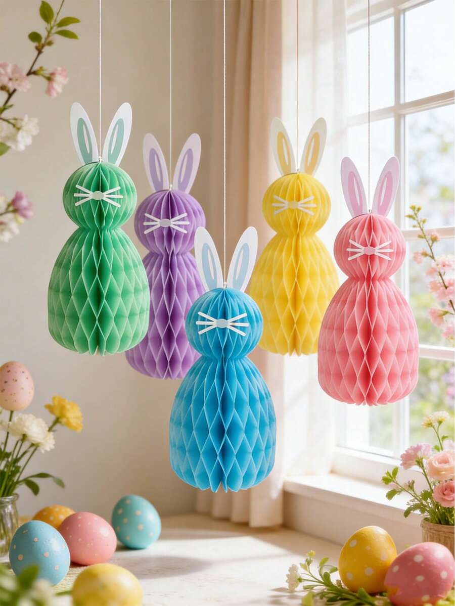 5pcs Easter Bunny Honeycomb DIY Desktop Decor Set, Suitable For Spring Easter Decoration, Birthday Party, Rabbit Theme Party, Garden Party, Egg Hunt, Easter Bunny Table Decor, Home Easter Decoration, Hanging Easter Honeycomb Decor - Nhiều màu - Xem 1