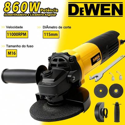 Elétrica Esmerilhadeira Angular, Motor de Cobre Puro, Potência de 860W, 11000 RPM, 2 Discos de Corte e Punho Auxiliar