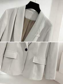 Women's Lightweight Commuter Solid Color Lined Loose Single-Breasted Long Sleeve Blazer And Wide-Leg Pleated Seam Trousers Suit Set - Light Grey - View 6