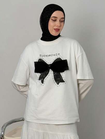 Livesso Women's Round Neck Short Sleeve Bow Trim T-Shirt Graphic Tee Oversized T-Shirt