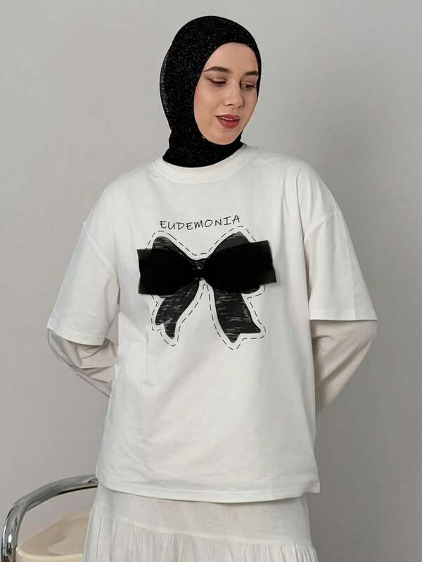 Livesso Women's Round Neck Short Sleeve Bow Trim T-Shirt Graphic Tee Oversized T-Shirt