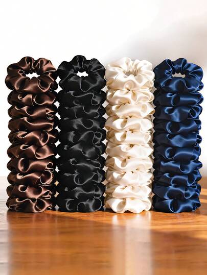24pcs Satin Scrunchies Set: Vintage Dark Brown, Cool Black, Gentle Beige, Textured Navy Blue. Silky Satin Won't Damage Hair, High Elasticity For Long-Lasting Wear. Suitable For Commute, Campus, Date Looks - Low Ponytail, Bun, Half-Up Hairstyles Hair Ties