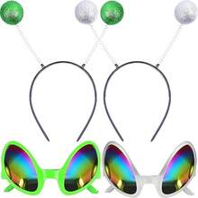 两副外星人头箍和眼镜，外星人彩虹镜片时尚眼镜，带天线的头箍，外星人眼镜及其他配件，塑料拍照道具，非常适合化妆舞会、酒吧、庆祝活动和新奇活动，男女皆宜。 - 彩色 - 查看 8