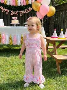 Little Girls Birthday Cami Jumpsuit Sleeveless Letter Balloon Embroidery Plaid Suspender Flared Pants - 粉色 - 查看 1