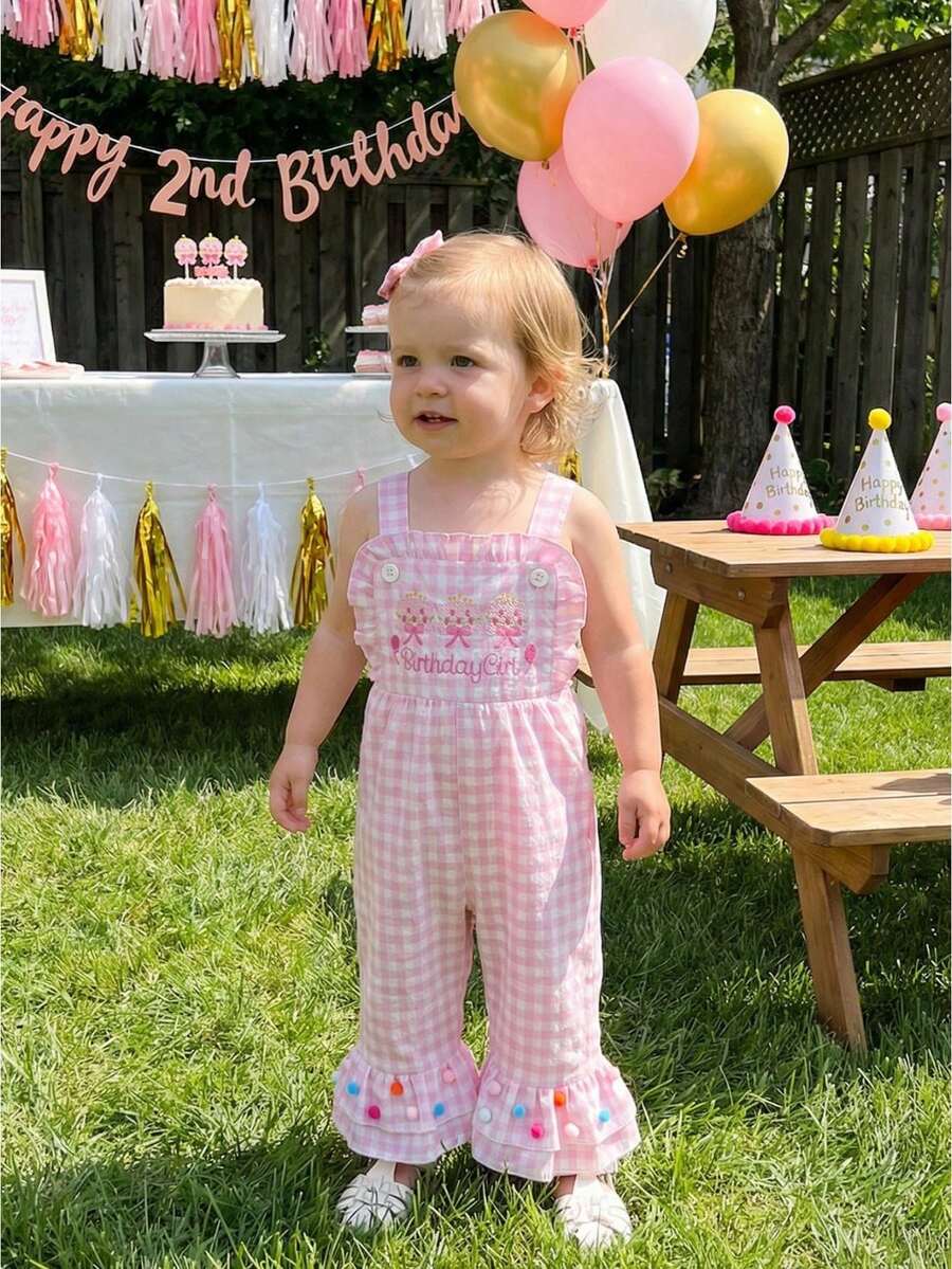 Little Girls Birthday Cami Jumpsuit Sleeveless Letter Balloon Embroidery Plaid Suspender Flared Pants - 粉色 - 查看 1