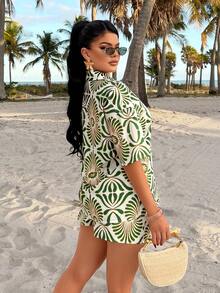 AIJ Amarilo Women's Boho Chic Green & White Geometric Print Two Pieces Outfit With Tied Crop Shirt & High-Waist Shorts, Casual Beach Vacation Clothing Set - Green - View 2