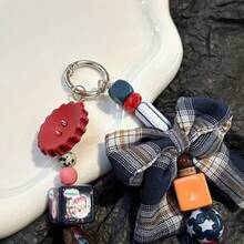 Matching Butterfly Beaded Phone Lanyard, Keychain, Phone Case Strap - Checkered Bow - Blue (Collector's Item Comes With a Free Pendant) - View 4