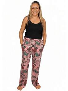 Lightweight Knit Pants (Cool Fabric) With Pocket And Elastic Waistband. Cut And Sew. All-Over Leaf Print. Pocket. Contrasting Waistband. - 查看 1