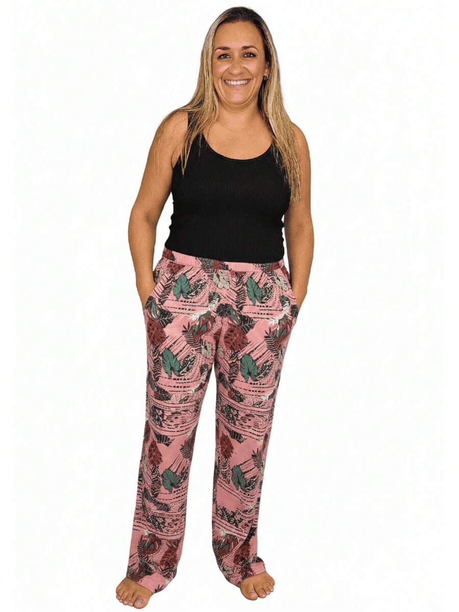 Lightweight Knit Pants (Cool Fabric) With Pocket And Elastic Waistband. Cut And Sew. All-Over Leaf Print. Pocket. Contrasting Waistband. - 查看 1