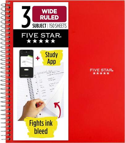 Red 3 Subject Spiral Notebook With Study App Wide Ruled 150 Sheets