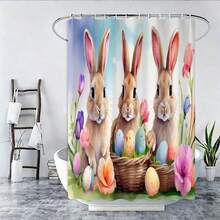 Easter Bunny Cartoon Shower Curtain Set, 1/3/4 Pcs, Waterproof Polyester Bathroom Decor With Hooks, Non-Slip Rug, U-Shaped Mat, Toilet Lid Cover, Lightweight Woven Art Partition, Suitable For All Seasons, Easy To Clean - Easter Home Accessories - A - View 24