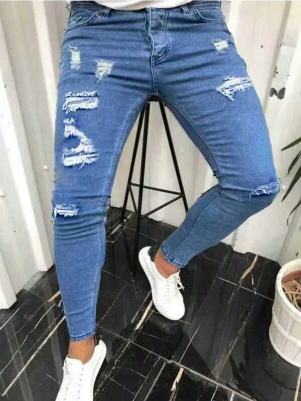 男式修身弹力破洞休闲牛仔裤