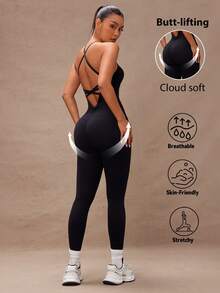 Lumalex Bộ đồ liền thân đơn giản, giản dị, cạp trễ chữ V màu trơn dành cho nữ khi tập gym - màu đen - Xem 9