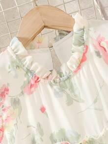 Tween Girls' Elegant Flutter Sleeve Chiffon Floral Print Patchwork Ruffle Collar Dress, Summer Stylish Little Girl Princess Dress, Casual Party Holiday Suitable For 8-12 Years Old - Nhiều màu - Xem 3