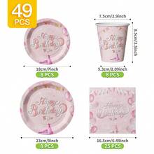 Pink & Silver Balloon "Happy Birthday" Disposable Plate, Napkin, Cup Set, Serves 8 Guests, Suitable For Birthday, Wedding, Party, Family Picnic - Multicolor - View 2